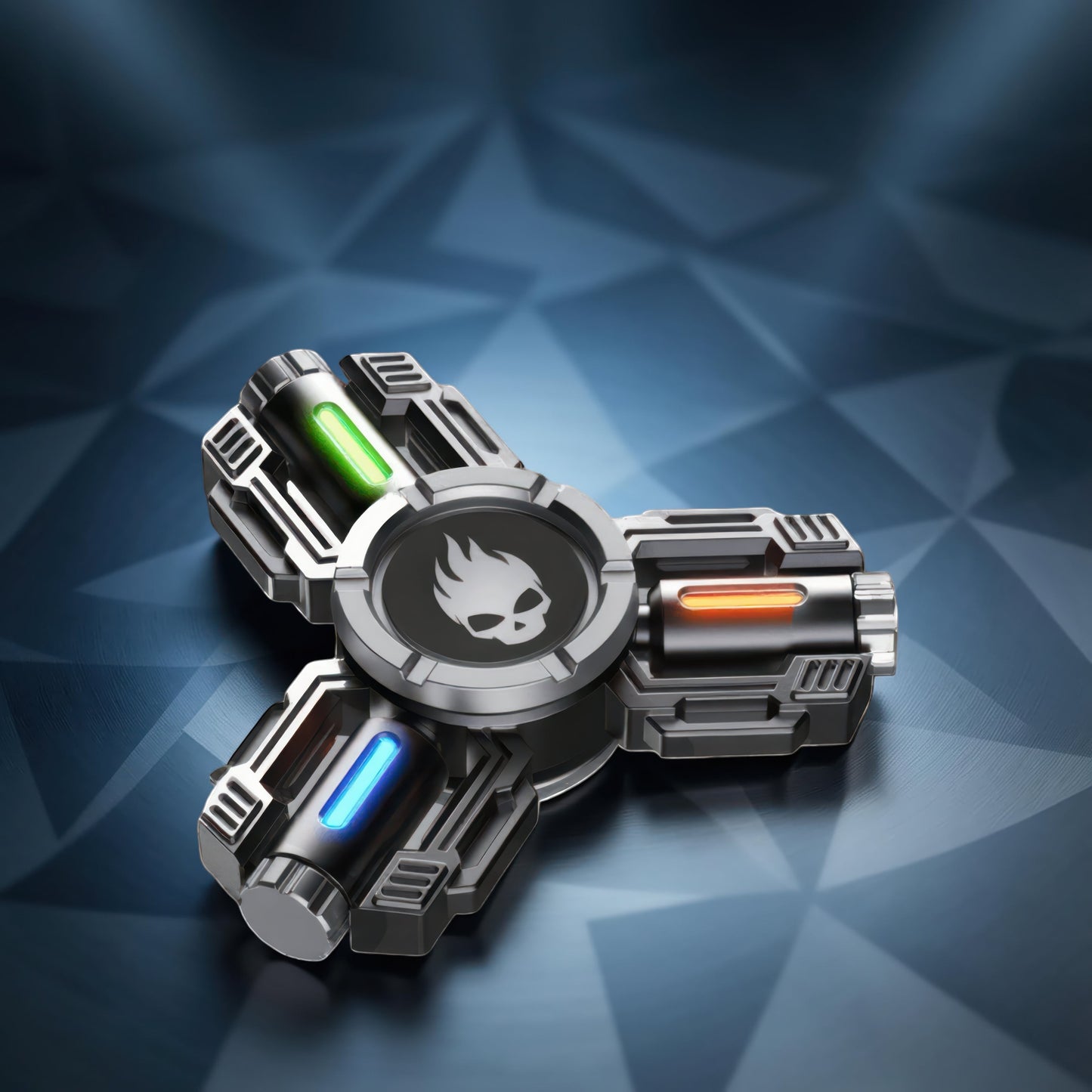 The Curious Mind Tactical Tri-Blade Glow Spinner features a metallic silver body with green, orange, and blue glowing accents and a skull emblem. Its mechanical design makes it a premium EDC fidget toy.