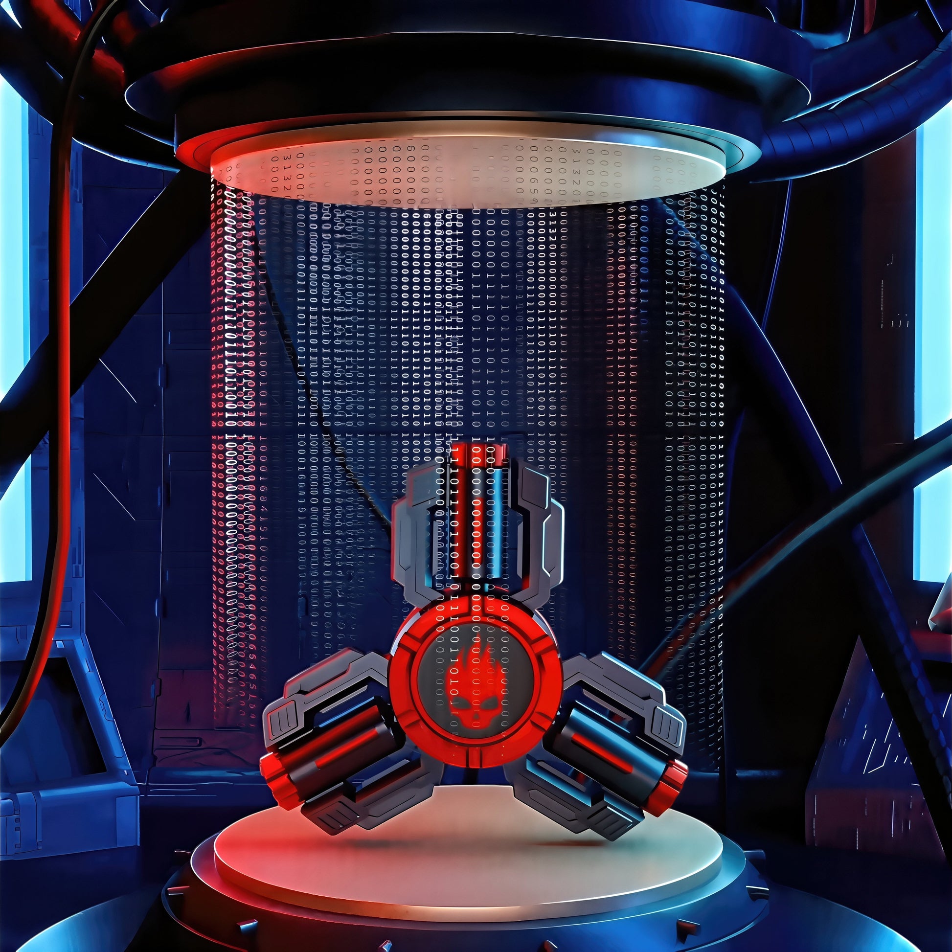 The Curious Mind Tactical Tri-Blade Glow Spinner features a mechanical design with red and black accents and glow strips. It is presented in a futuristic setting with binary code projections.