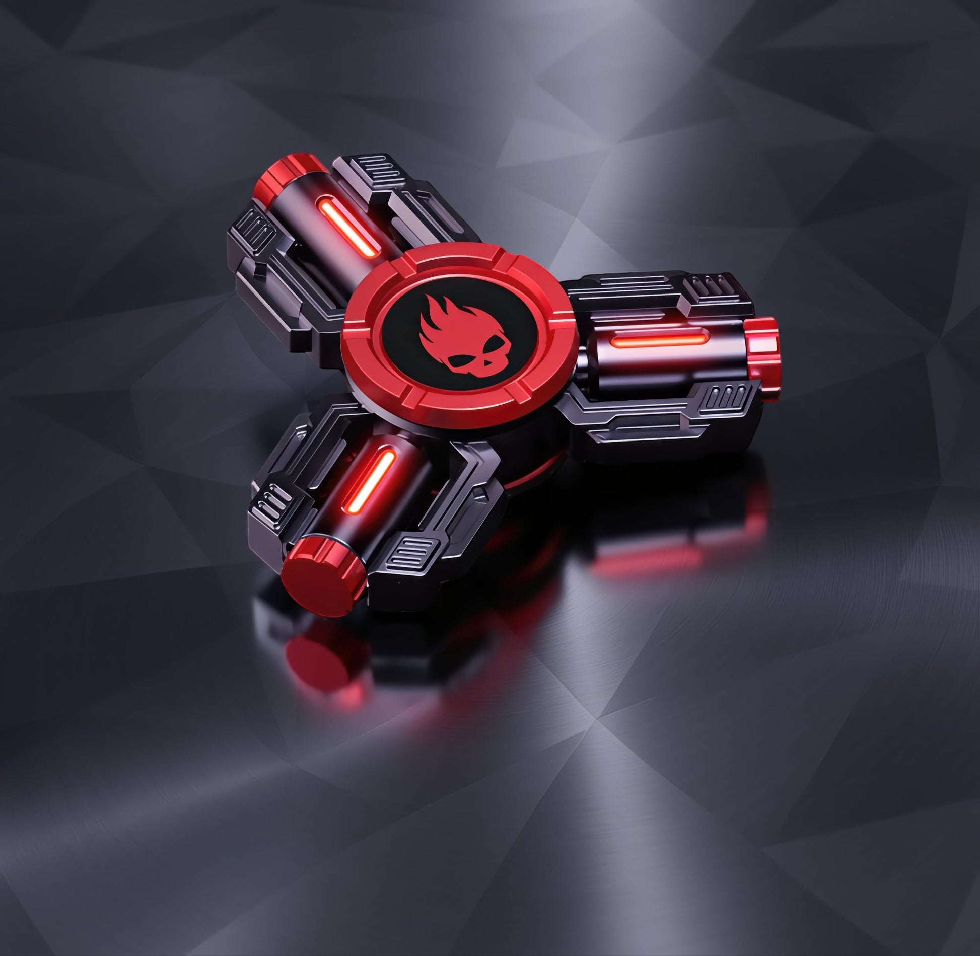The Curious Mind Tactical Tri-Blade Glow Spinner with red skull logo and glowing red accents.