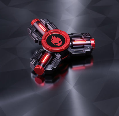 The Curious Mind Tactical Tri-Blade Glow Spinner with red skull logo and glowing red accents.