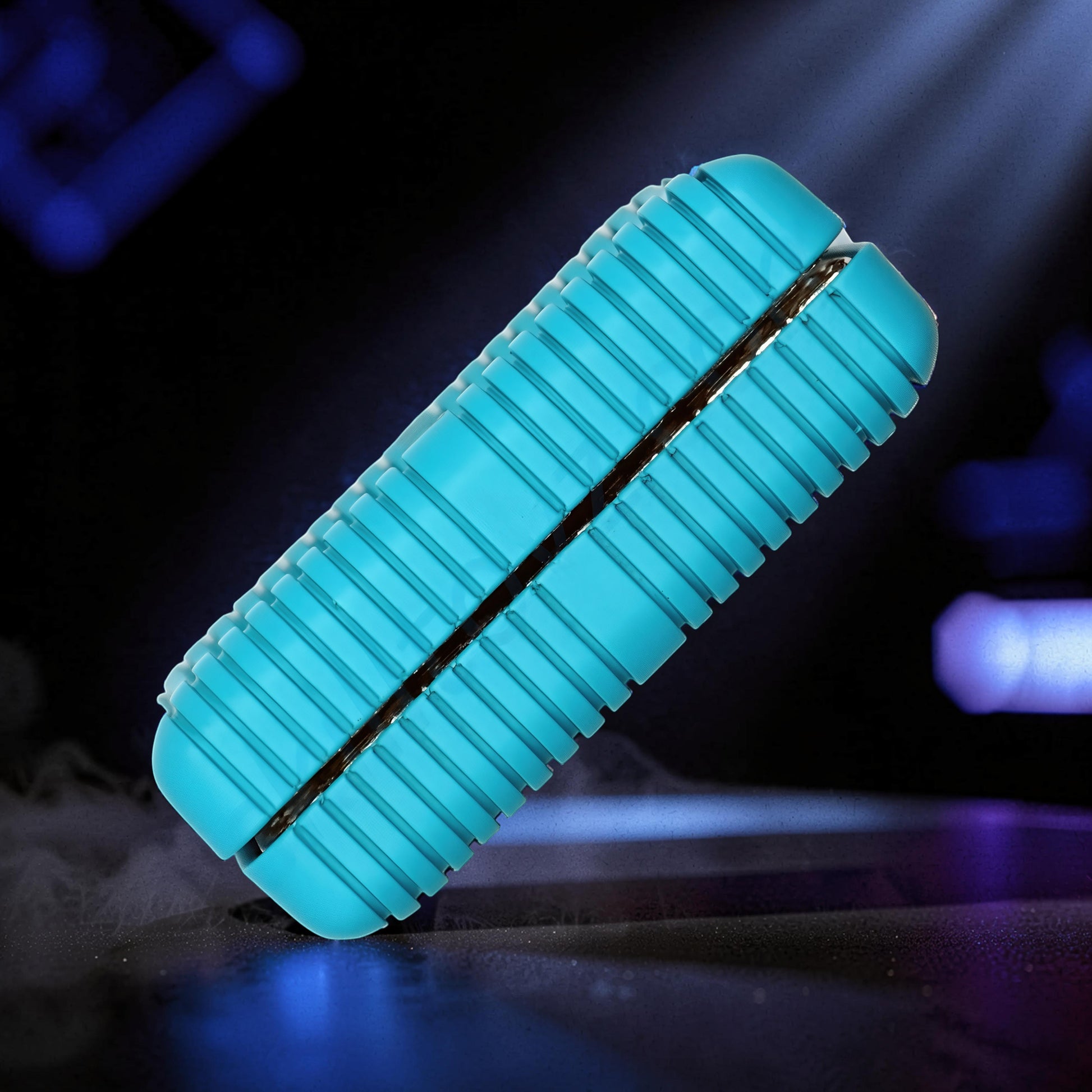 The Curious Mind Soap Box Magnetic Slider fidget toy in teal with a ribbed texture and metallic center.