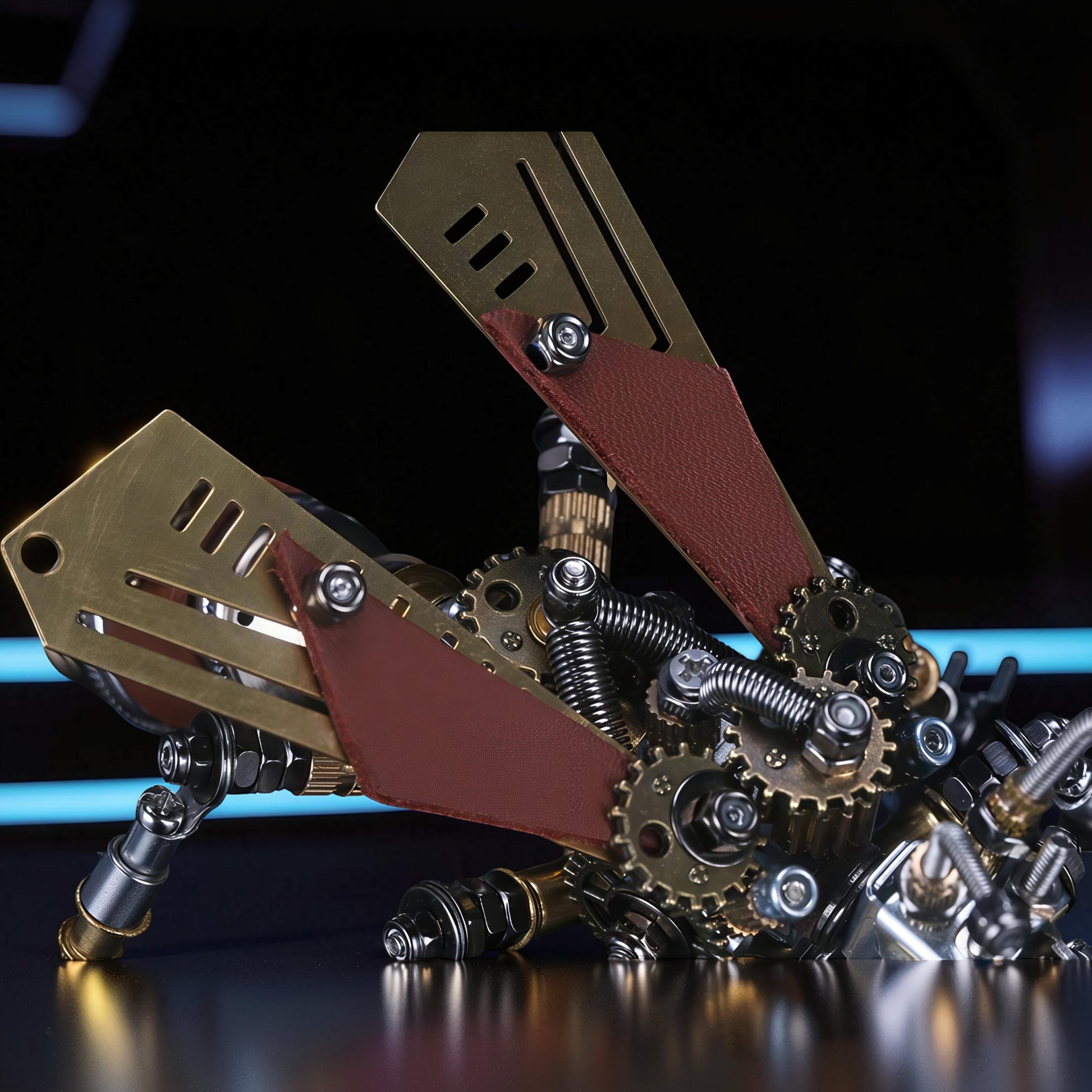 The Curious Mind Termite 3D metal model kit with brass wings, gears, and red leather accents. Steampunk mechanical insect.