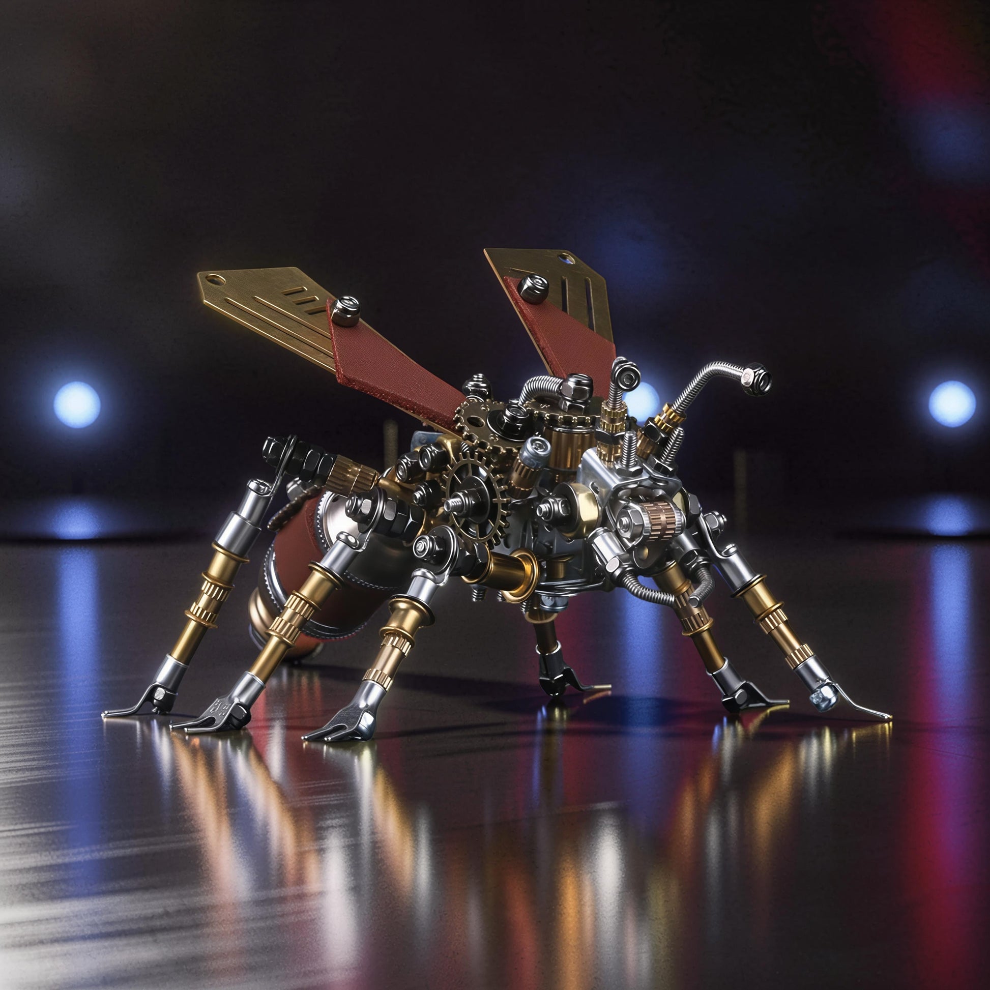 The Curious Mind Termite 3D metal model kit with intricate gears, metallic legs, and red and gold wings. Steampunk insect design.