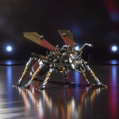 The Curious Mind Termite 3D metal model kit with intricate gears, metallic legs, and red and gold wings. Steampunk insect design.