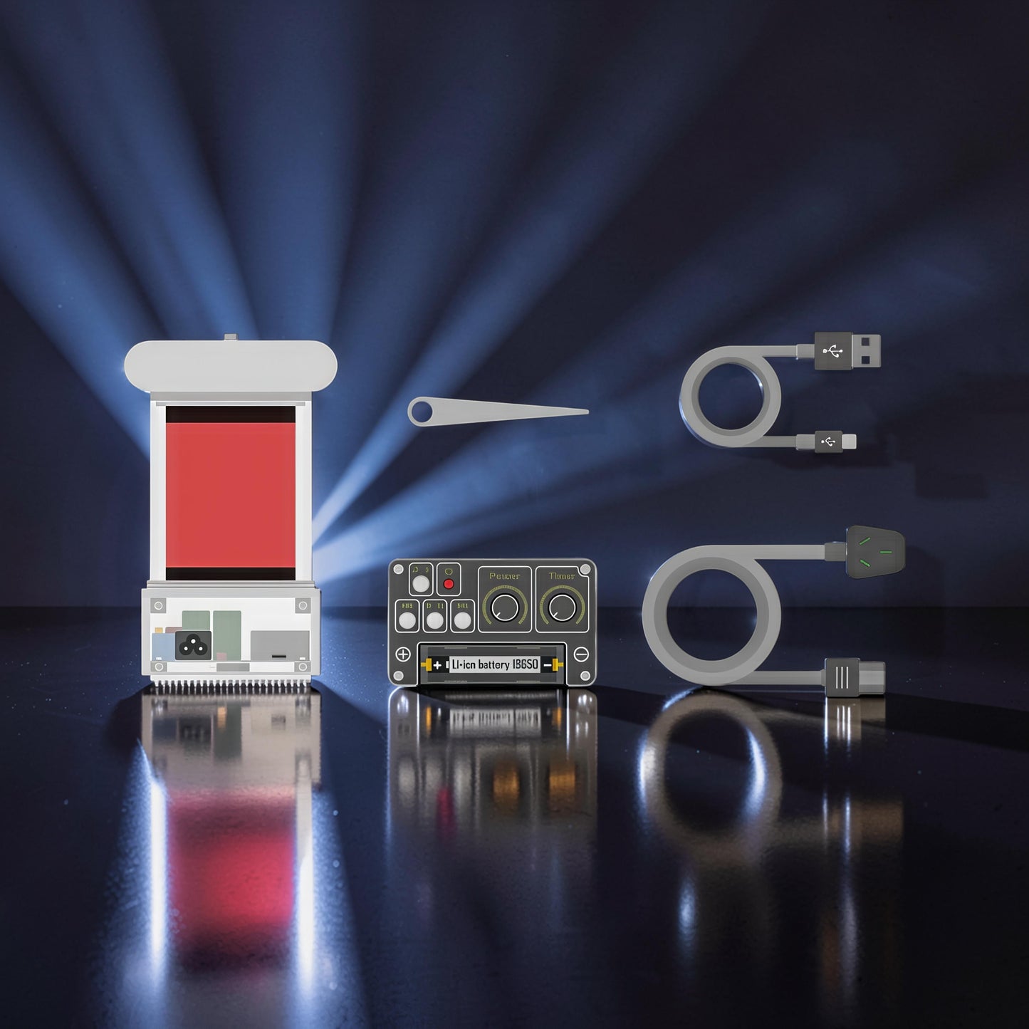 The Curious Mind Tesla Coil TC20 Plasma Science Lamp with metal and ABS components, featuring a red display and control panel.