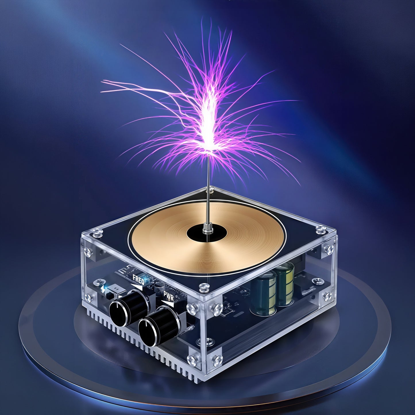 The Curious Mind Tesla Coil TC10 Plus pocket palm lightning plasma lamp with purple arcs emanating from the top. Clear acrylic casing with gold coil and black knobs.
