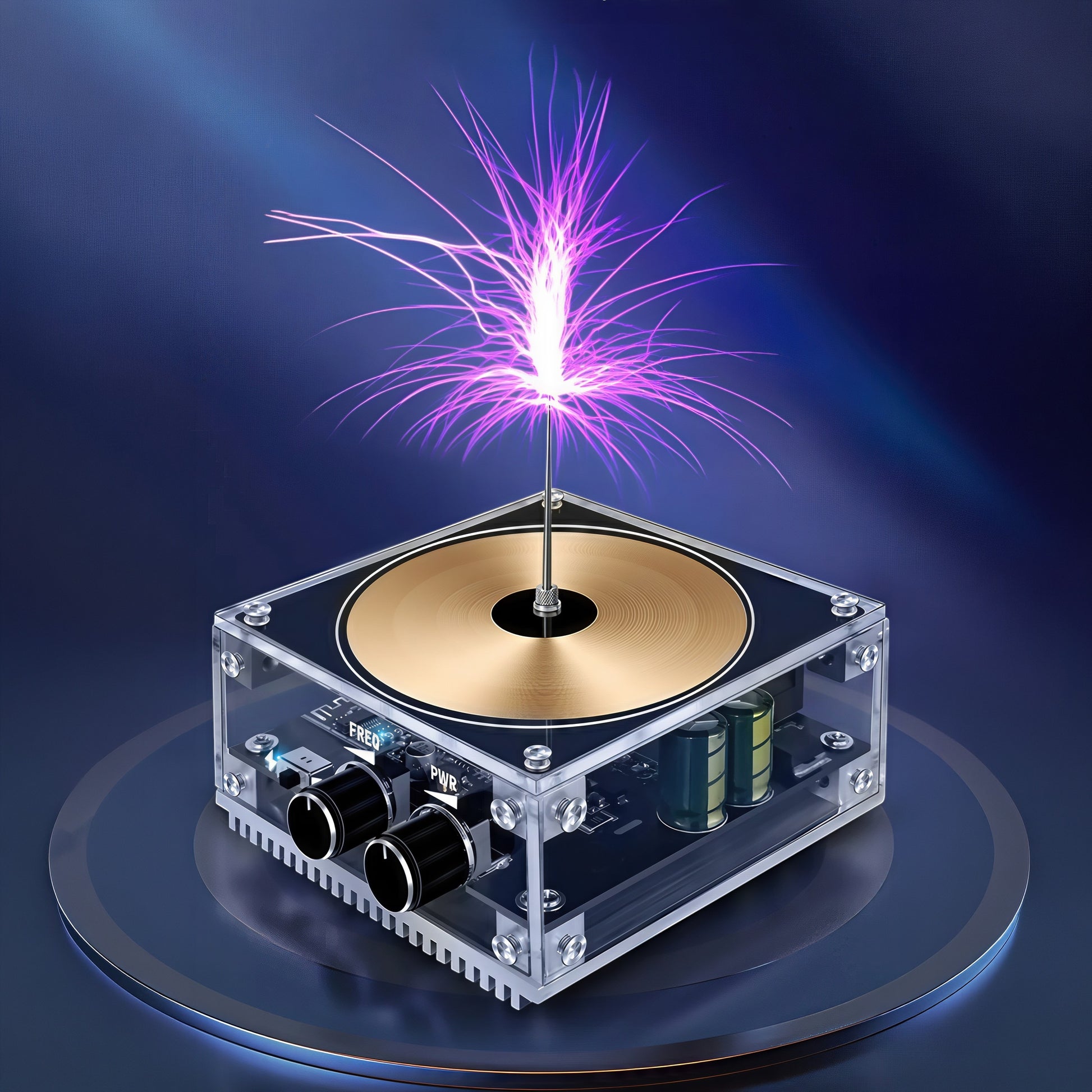 The Curious Mind Tesla Coil TC10 Plus pocket palm lightning plasma lamp with purple arcs emanating from the top. Clear acrylic casing with gold coil and black knobs.
