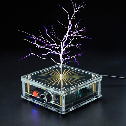 The Curious Mind Tesla Coil TC10 Plus pocket palm lightning plasma lamp with purple arcs, made of metal and ABS, on a black background.