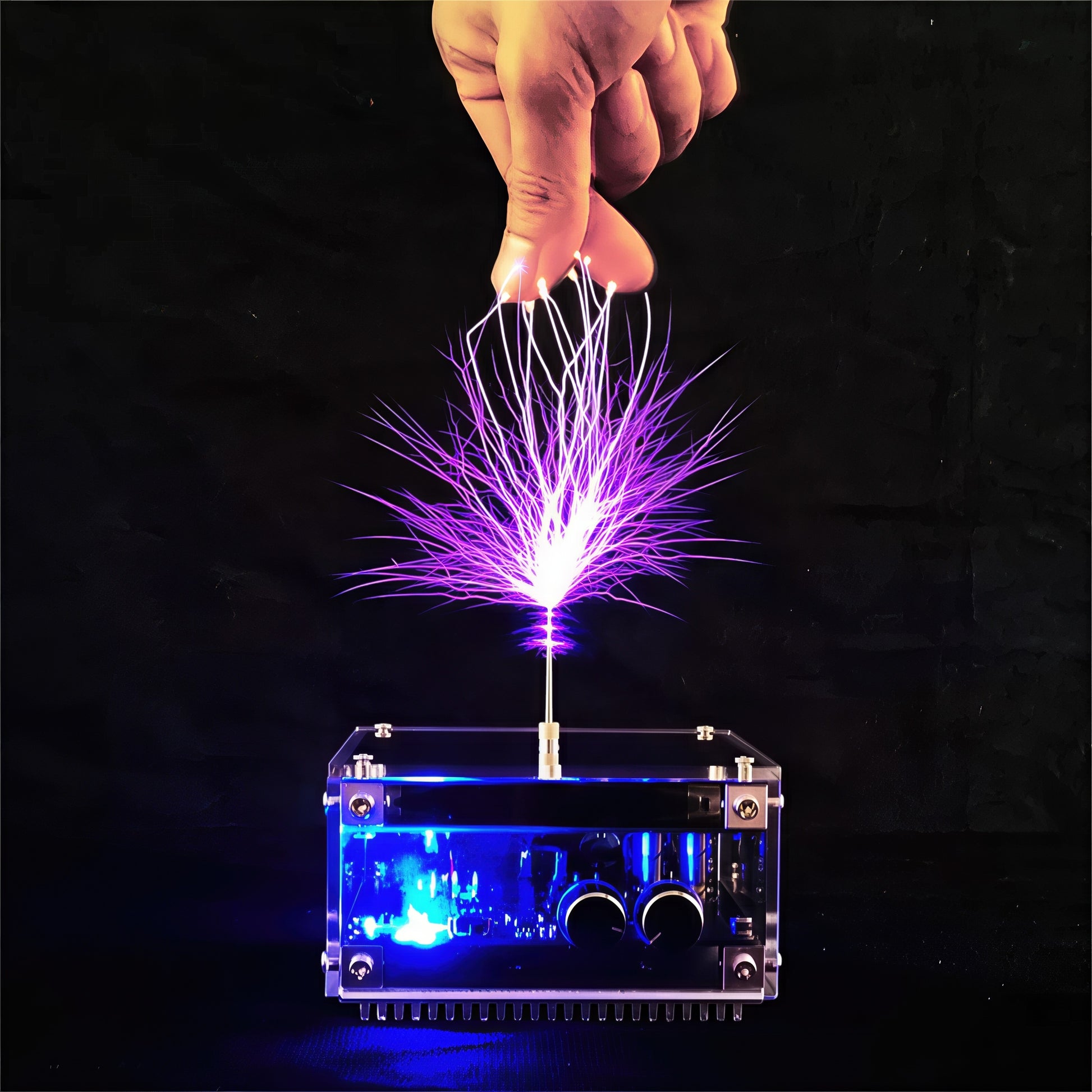 The Curious Mind Tesla Coil TC10 Plus plasma lamp with purple lightning arcs emanating from the top, interacting with a hand.