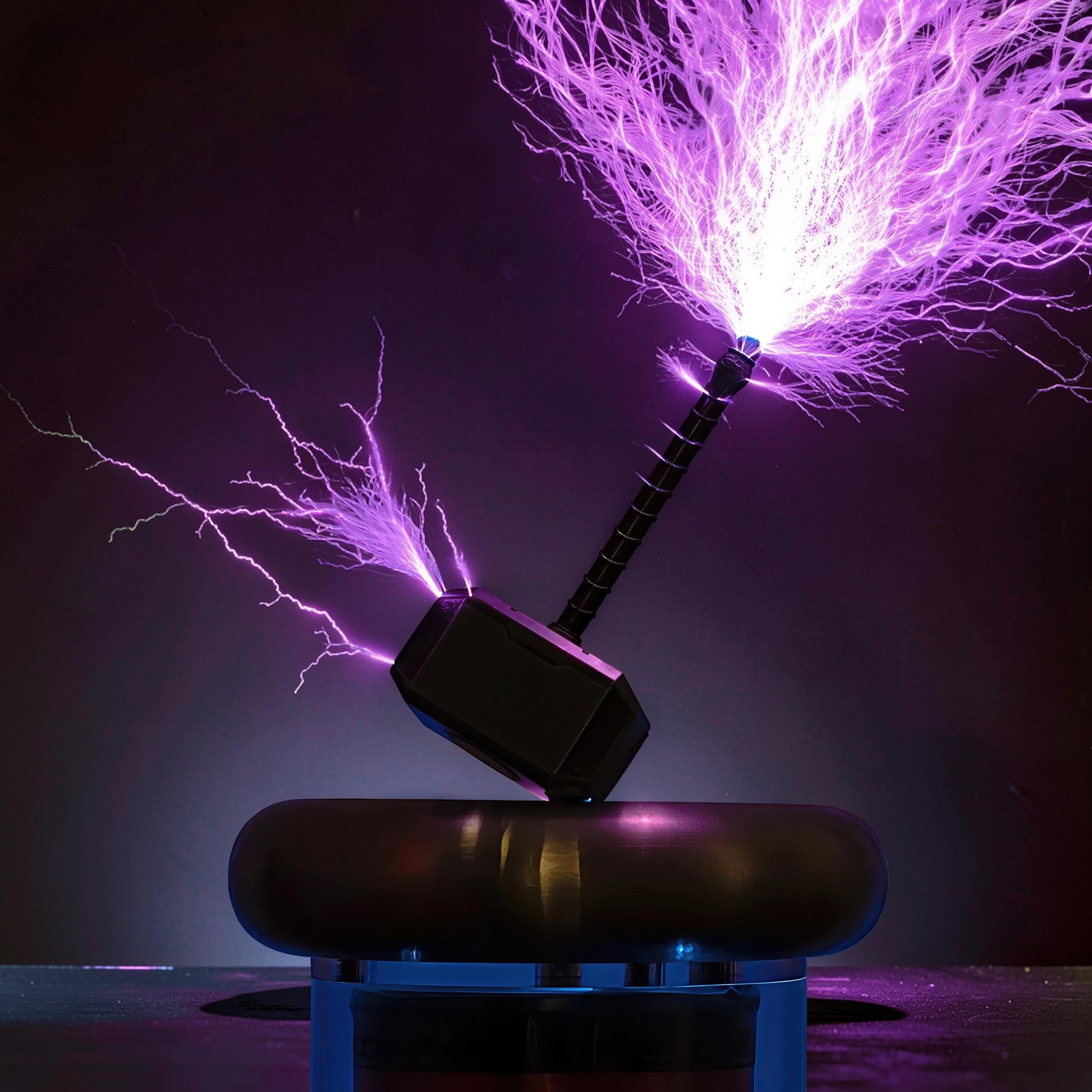The Curious Mind Tesla Coil TC20 Plasma Science Lamp with purple lightning discharges, a black metal and ABS desktop accent.