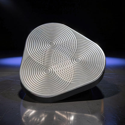 The Curious Mind silver metal triangle rotary push fidget with concentric circle design. Compact and tactile.