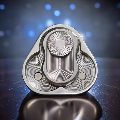 The Curious Mind triangle rotary push card fidget toy, made of silver metal with intricate grooved patterns and a central spinning disc.