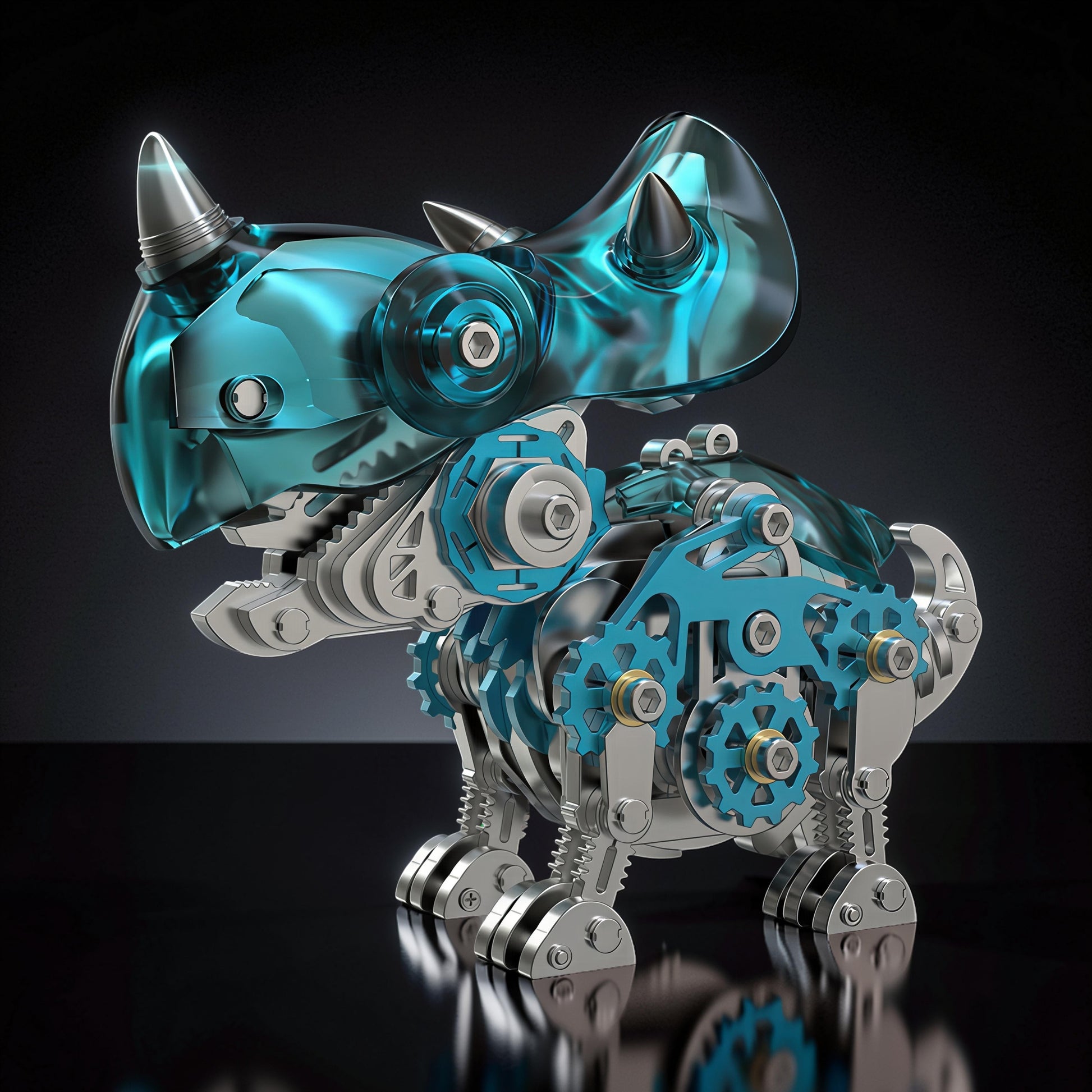 The Curious Mind Triceratops 3D metal model kit with blue and silver metallic parts, intricate gears, and realistic dinosaur details.