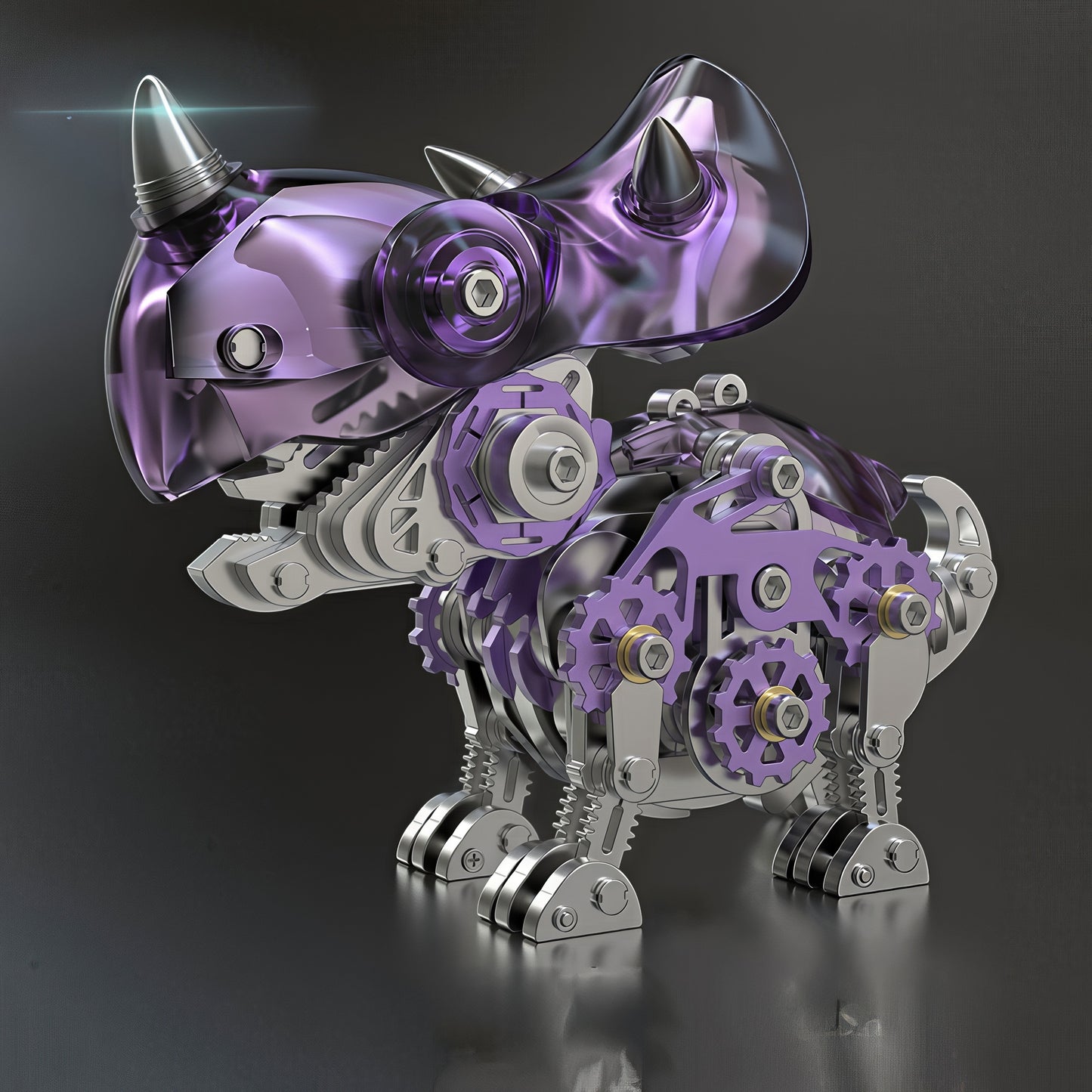 The Curious Mind Triceratops 3D metal model kit with purple and silver metallic finishes, intricate gears, and realistic details.