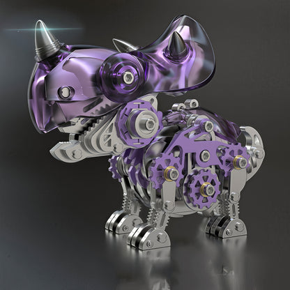 The Curious Mind Triceratops 3D metal model kit with purple and silver metallic finishes, intricate gears, and realistic details.