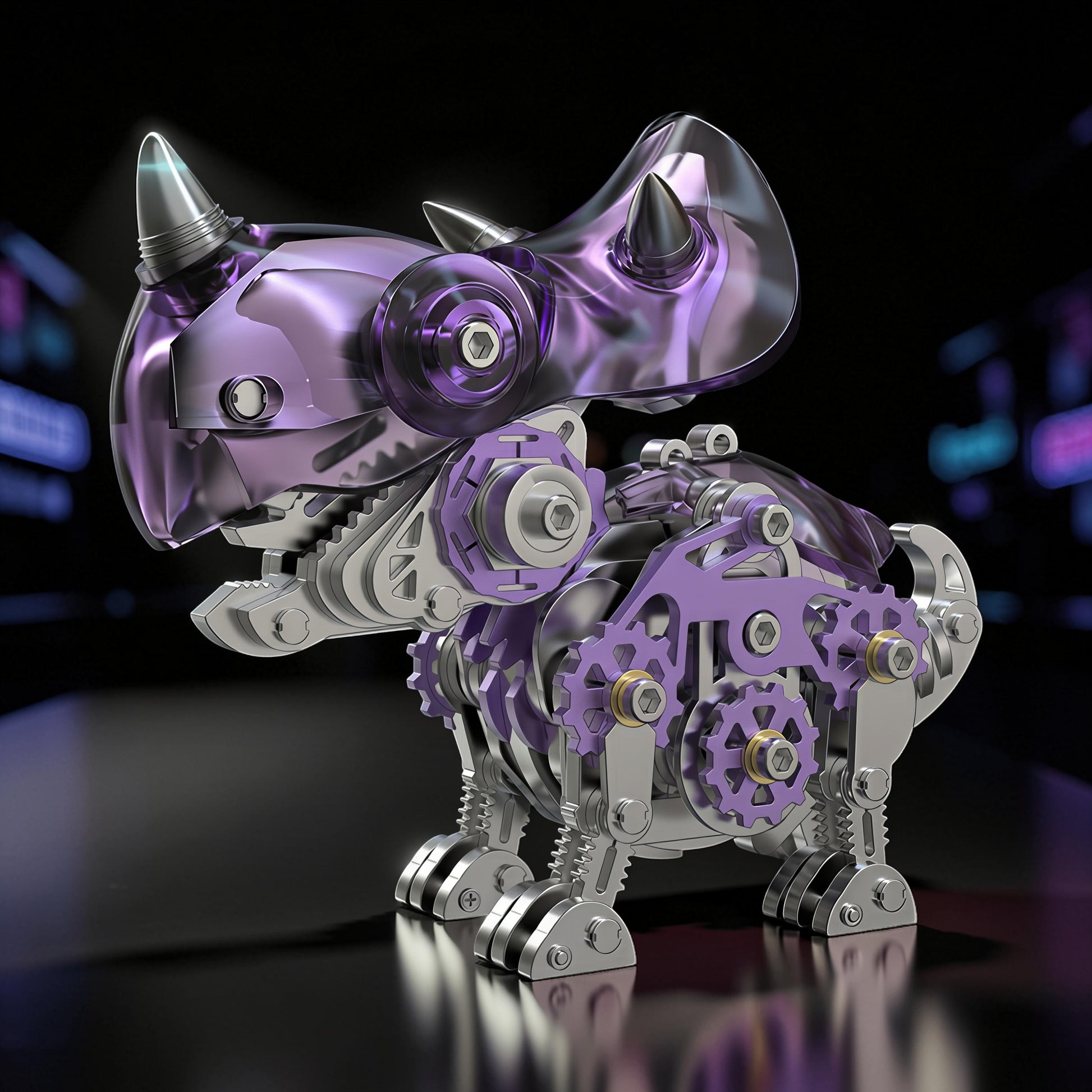 The Curious Mind Triceratops 3D metal model kit with purple and silver metallic finish, intricate gears, and detailed construction.