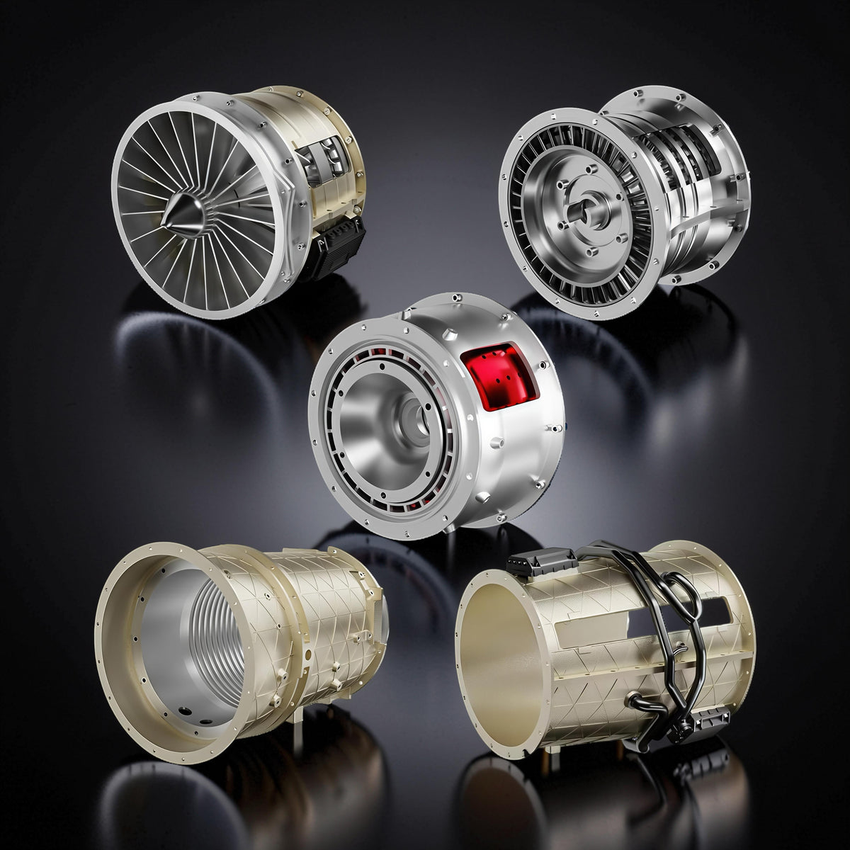 The Curious Mind Fighter Jet Turbofan DIY Kit model parts, featuring intricate metallic and gold-toned components with visible fan blades and a red accent.