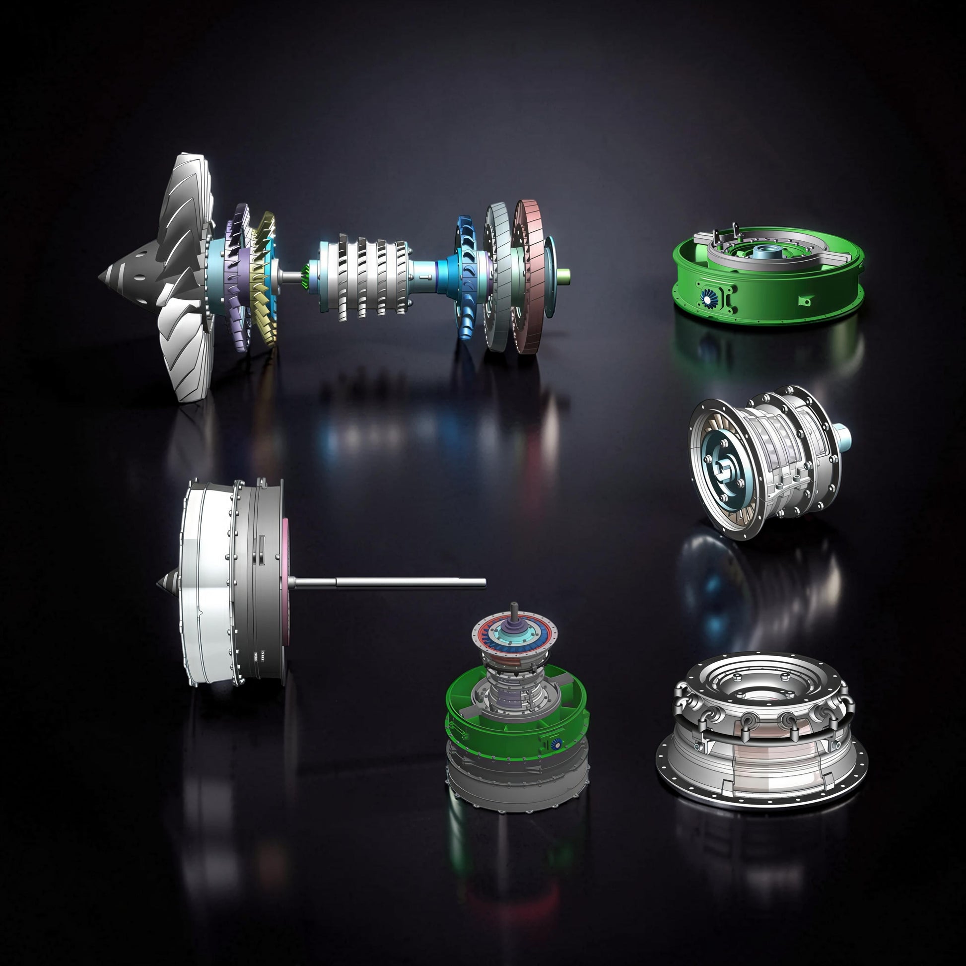 The Curious Mind Large Turbofan Engine DIY Kit, a detailed metal model with colorful components, displayed disassembled.