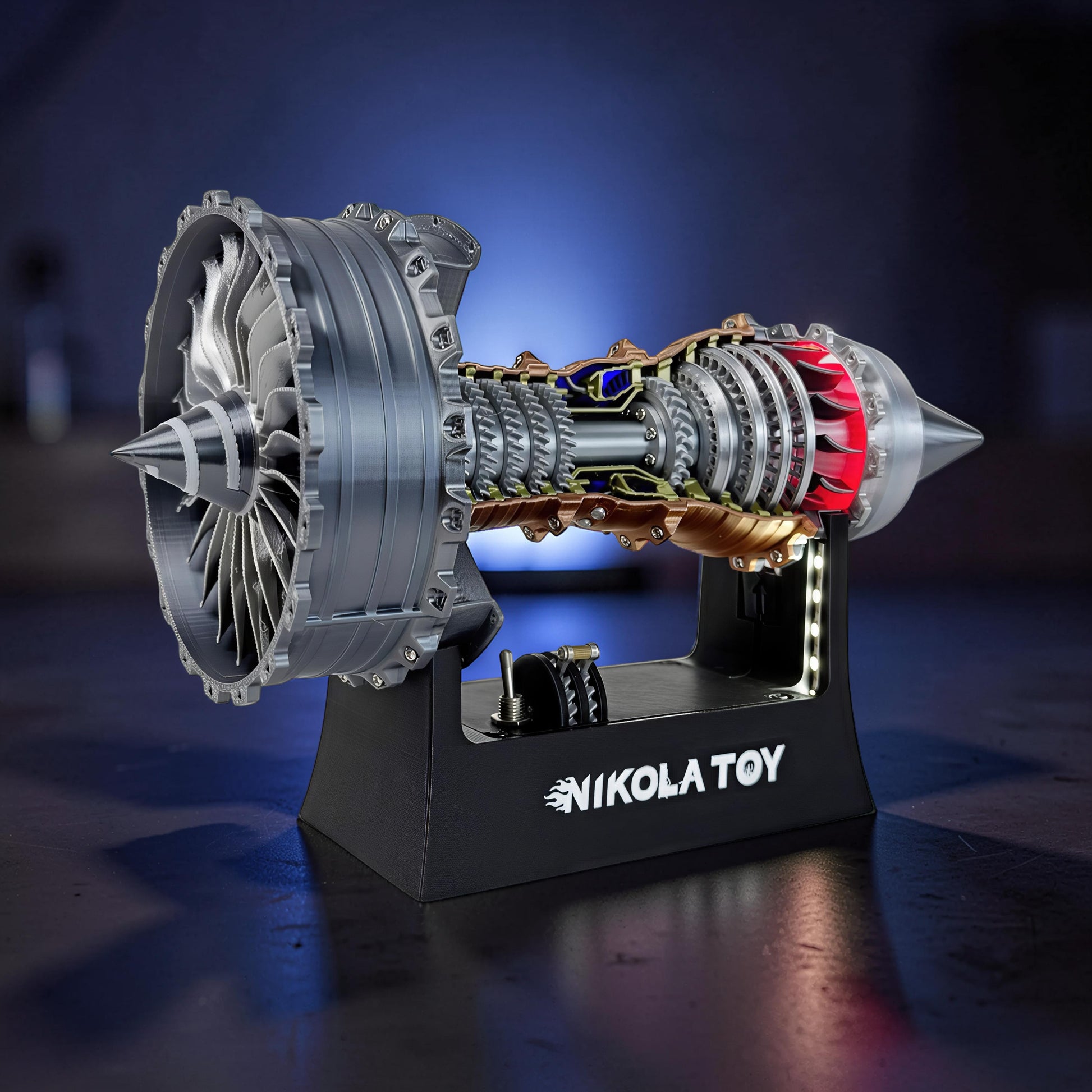 The Curious Mind TR900 Turbofan Engine DIY Kit, a detailed PLA model with visible gears, fan blades, and illuminated display stand.