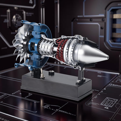 The Curious Mind Mini Turbofan Engine DIY Kit, a detailed PLA model with blue, silver, and red components, mounted on a black display base.