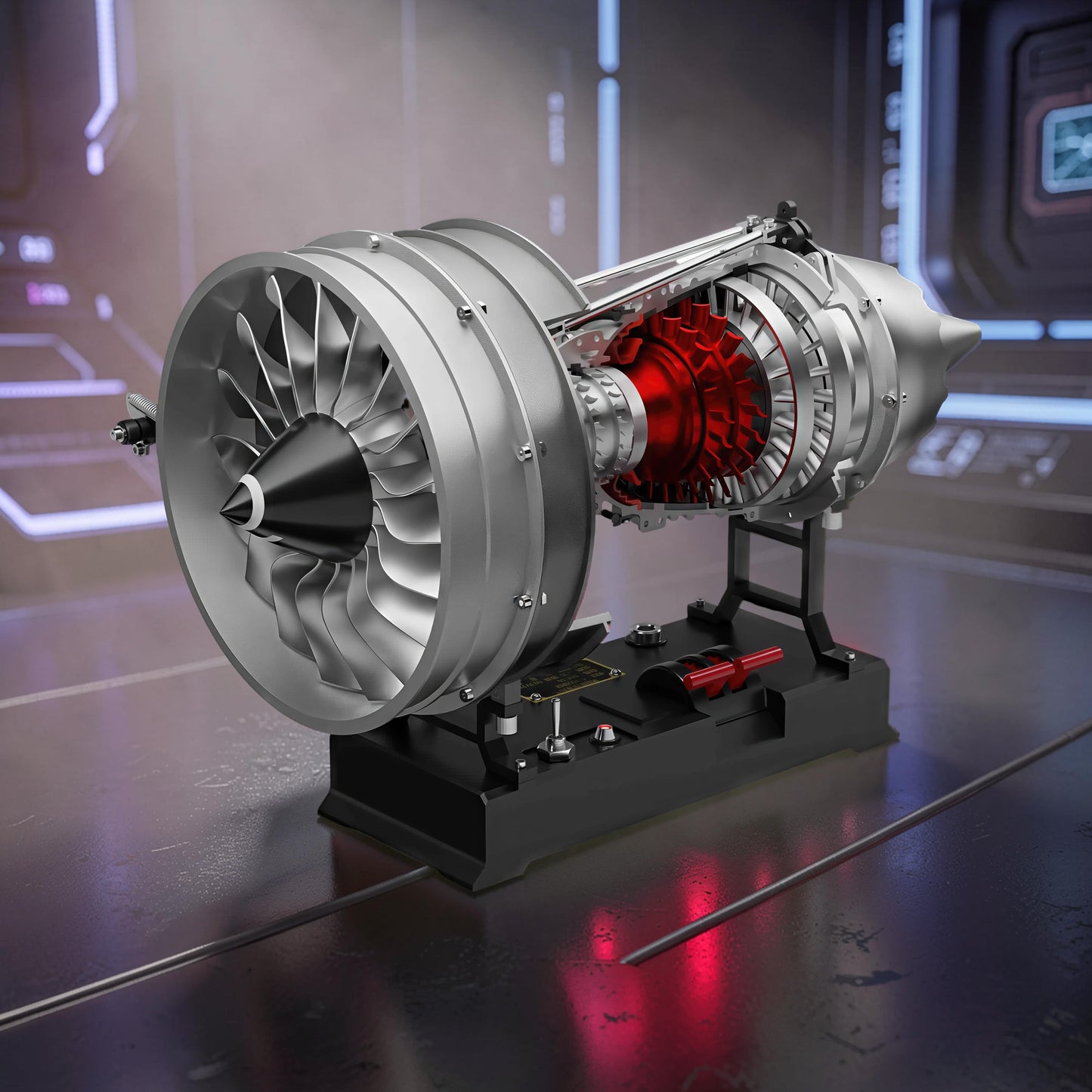 The Curious Mind Medium Turbofan Engine DIY Kit, a detailed PLA model with silver, black, and red components, displayed on a black stand.