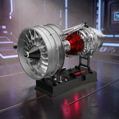 The Curious Mind Medium Turbofan Engine DIY Kit, a detailed PLA model with silver, black, and red components, displayed on a black stand.