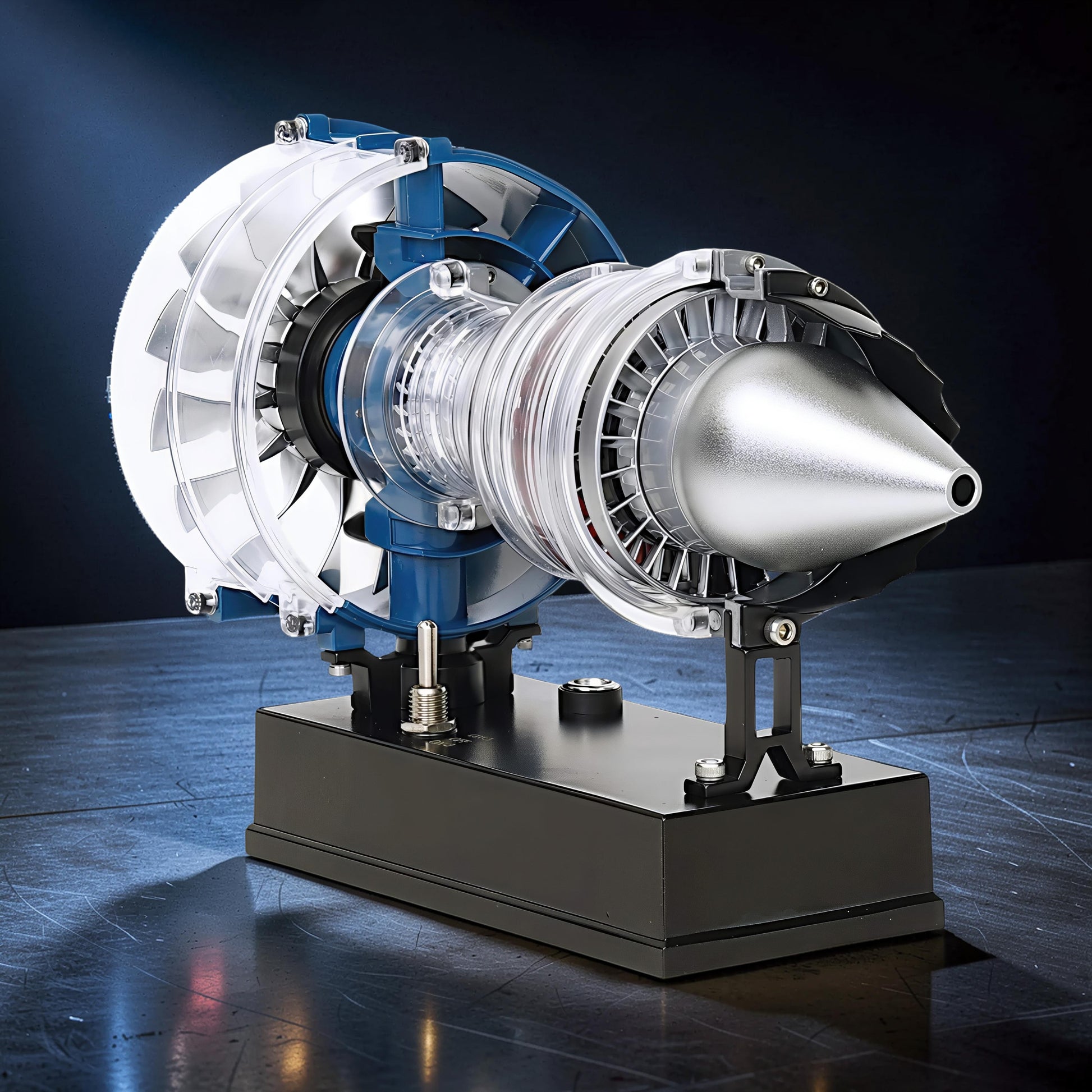 The Curious Mind Mini Turbofan Engine DIY Kit model with transparent casing, blue accents, and silver cone on a black display stand.