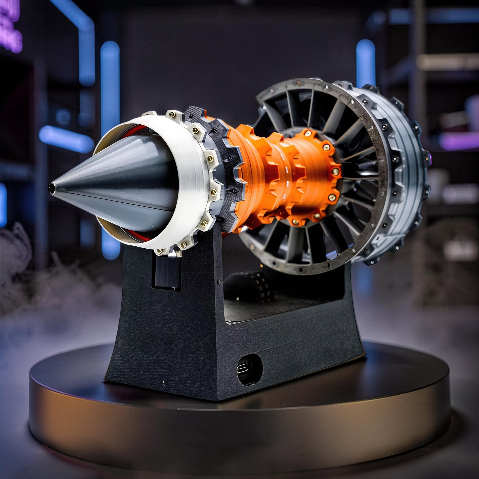 The Curious Mind TR900 Turbofan Engine DIY Kit model, featuring orange and grey components, detailed fan blades, and a black display stand.