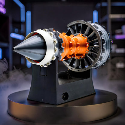 The Curious Mind TR900 Turbofan Engine DIY Kit model, featuring orange and grey components, detailed fan blades, and a black display stand.