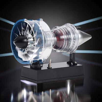The Curious Mind Mini Turbofan Engine DIY Kit, a transparent model with blue accents and silver fan blades, displayed on a black base.