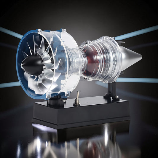 The Curious Mind Mini Turbofan Engine DIY Kit, a transparent model with blue accents and silver fan blades, displayed on a black base.