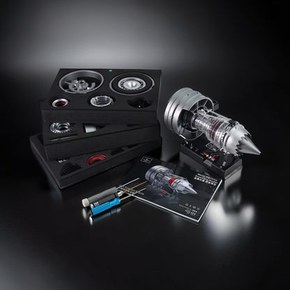 The Curious Mind Medium Turbofan Engine DIY Kit, a metal and clear plastic assembly model with detailed components and instructions.