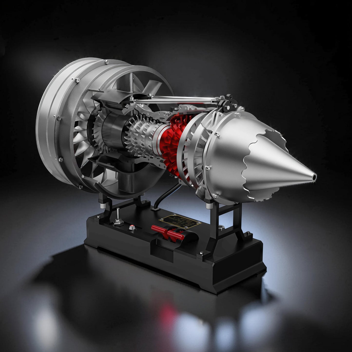 The Curious Mind Medium Turbofan Engine DIY Kit, a detailed PLA model with red turbine detail, mounted on a black display stand.