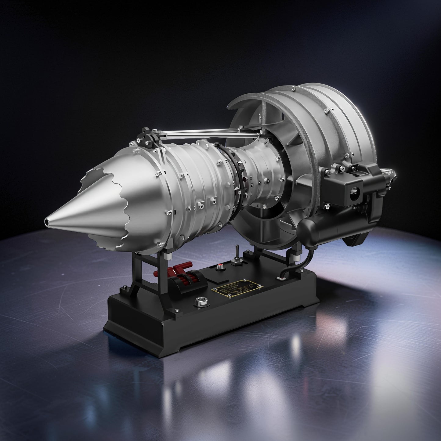 The Curious Mind Medium Turbofan Engine DIY Kit, a detailed PLA model with realistic silver and black components on a black stand.
