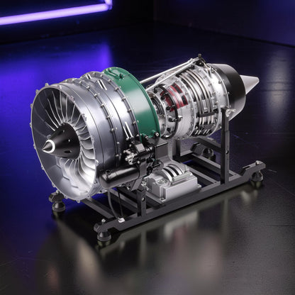 The Curious Mind Large Turbofan Engine DIY Kit, a detailed metal model with visible internal components and a green casing, displayed on a black stand.