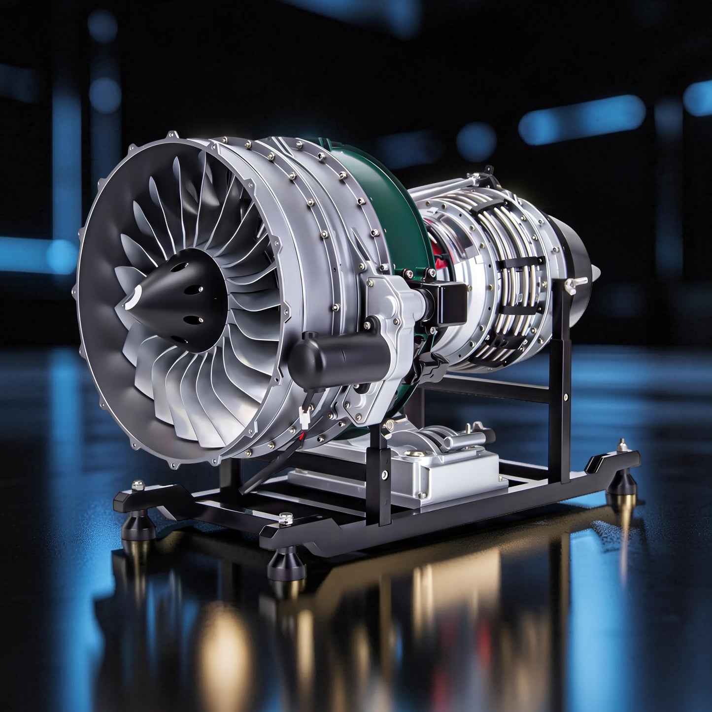 The Curious Mind metal turbofan engine model kit, detailed with silver blades and green accents, displayed on a black stand.