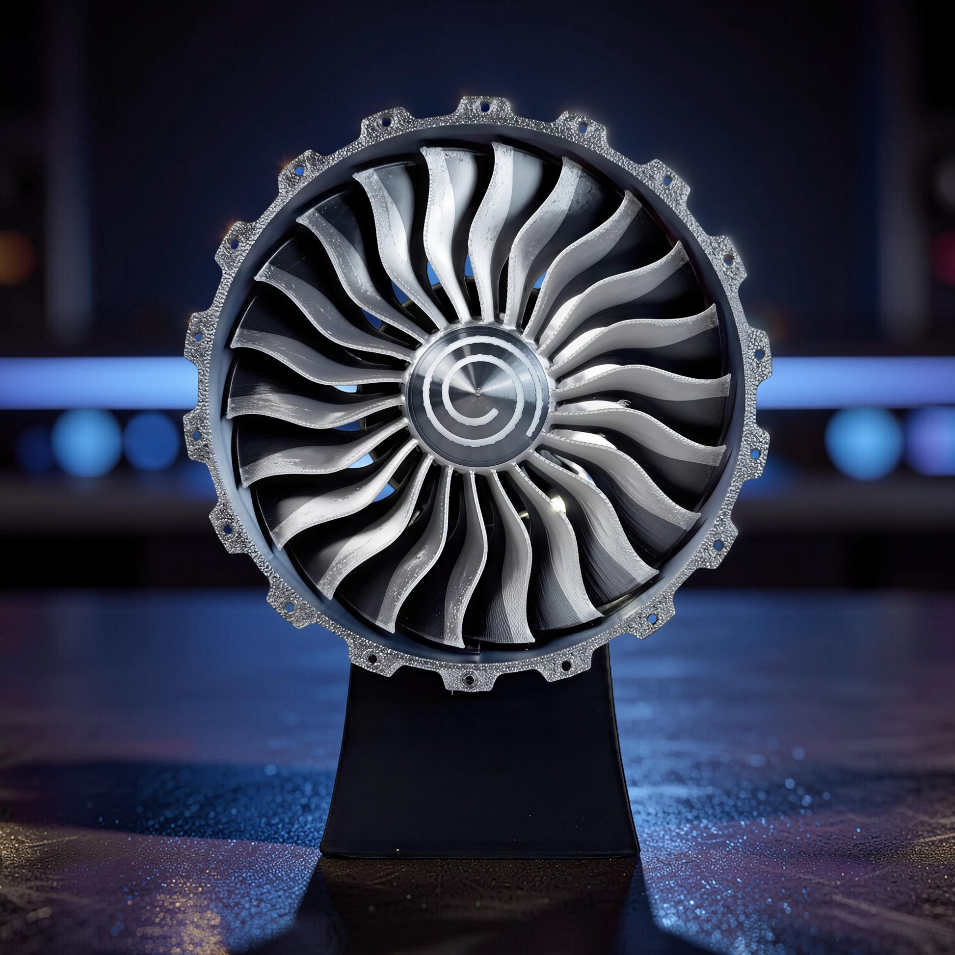 The Curious Mind TR900 Turbofan Engine DIY Kit model, a detailed replica with silver and black blades on a black stand.