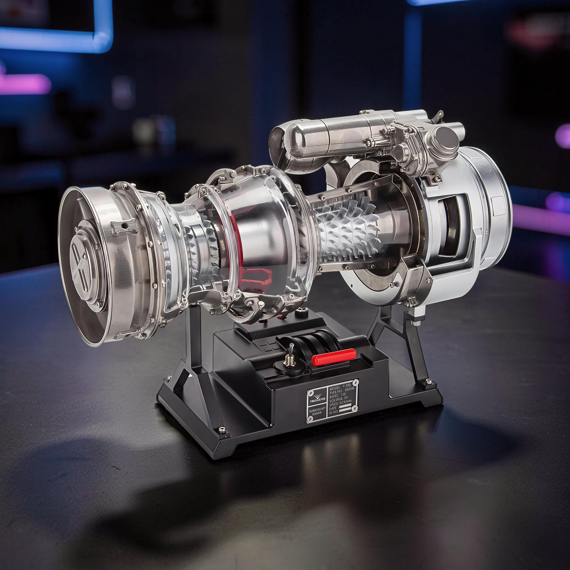 The Curious Mind T700 Turboshaft Engine DIY Kit, a detailed metal model with clear casing showing internal components and a black display stand with levers.