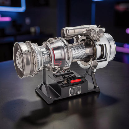 The Curious Mind T700 Turboshaft Engine DIY Kit, a detailed metal model with clear casing showing internal components and a black display stand with levers.