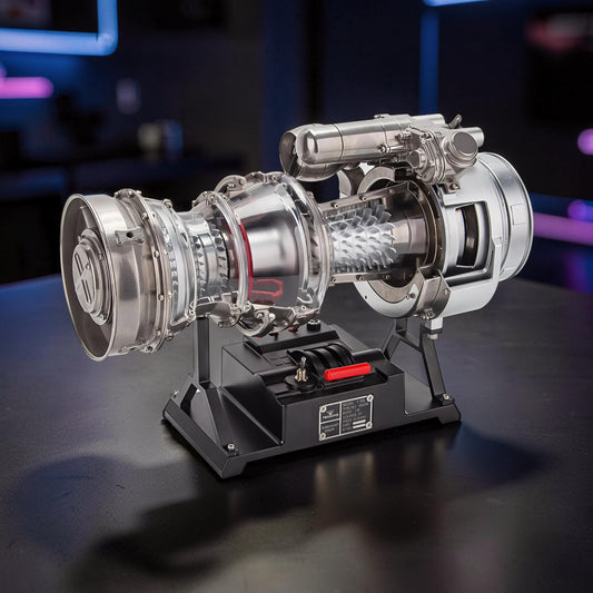 The Curious Mind T700 Turboshaft Engine DIY Kit, a detailed metal model with clear casing showing internal components and a black display stand with levers.