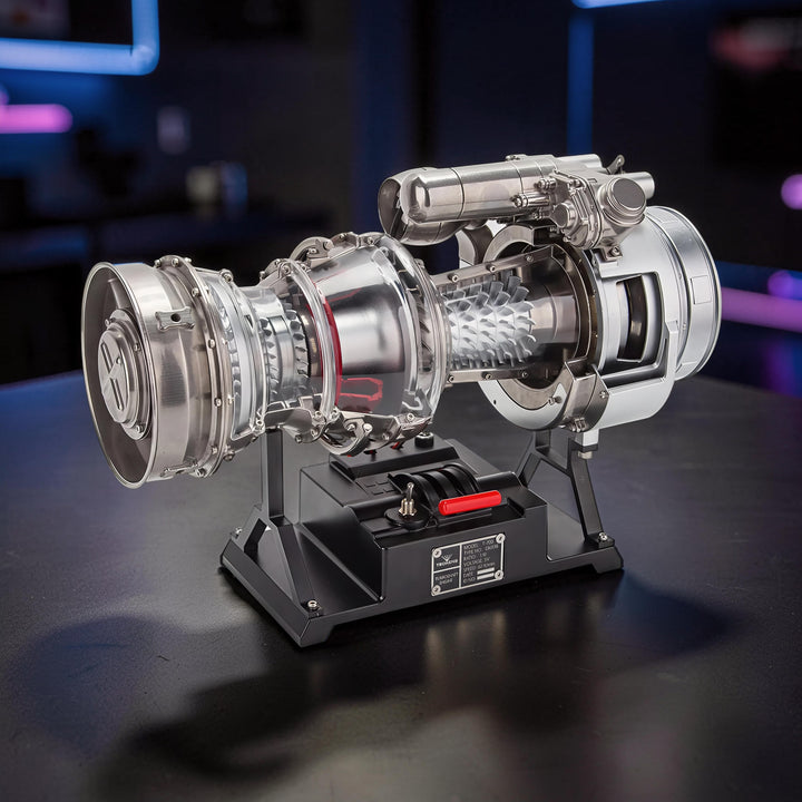 The Curious Mind T700 Turboshaft Engine DIY Kit, a detailed metal model with clear casing showing internal components and a black display stand with levers.