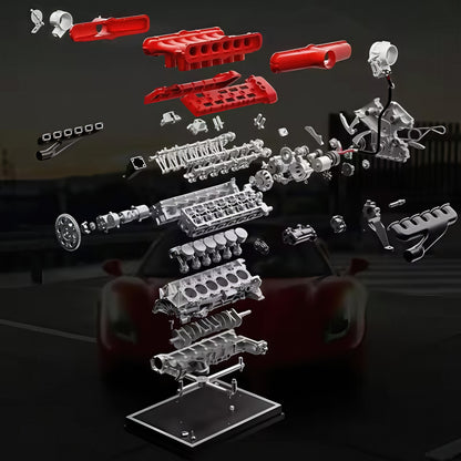 The Curious Mind V12 Car Engine DIY Kit, a metal mechanical model with red and silver parts, displayed disassembled.