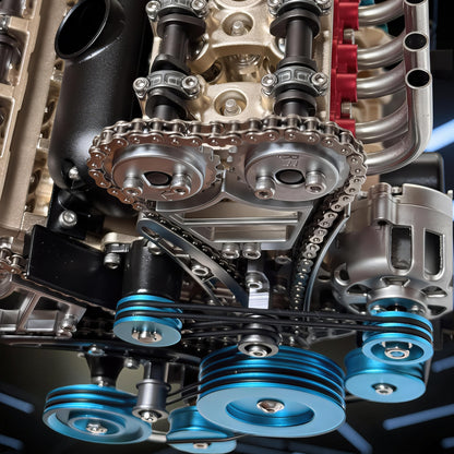 The Curious Mind V8 Car Engine DIY Kit, a detailed metal mechanical model with blue pulleys and silver chains.