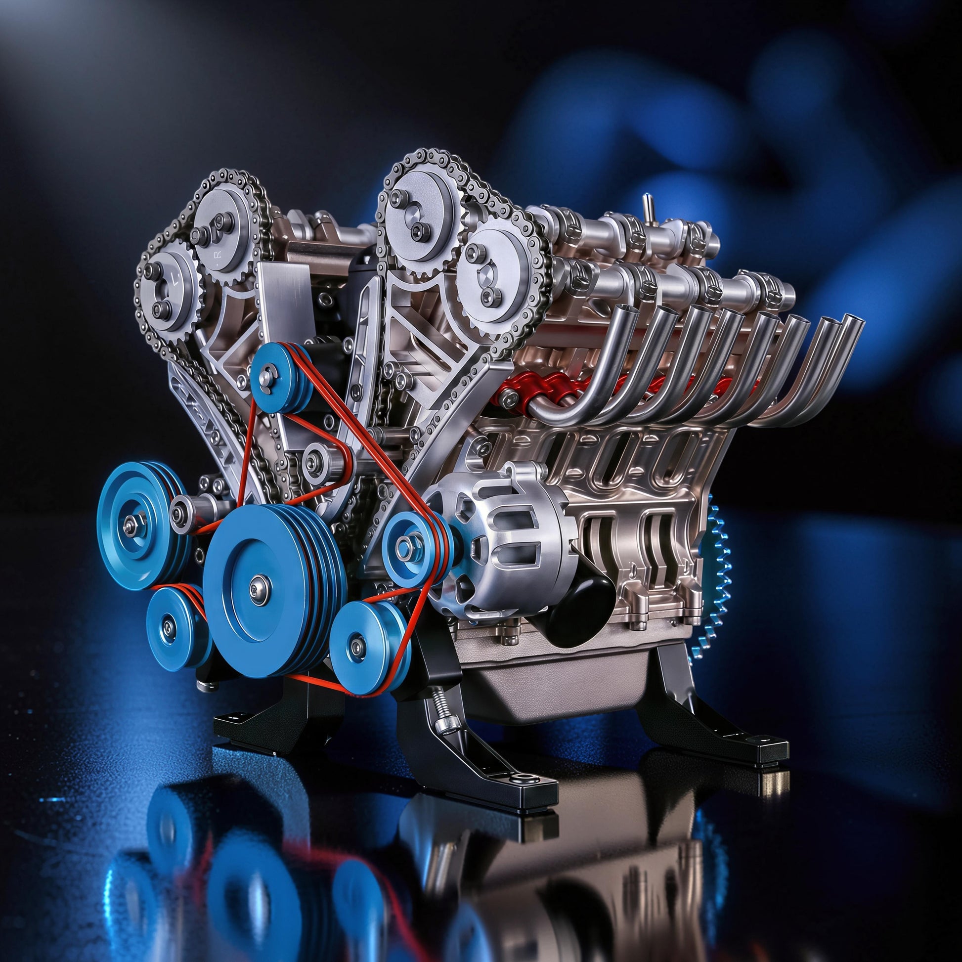 The Curious Mind V8 car engine DIY kit, a detailed metal mechanical model with blue pulleys and red belts, displayed on a reflective surface.