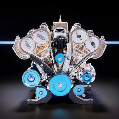 The Curious Mind V8 Car Engine DIY Kit, a detailed metal mechanical model with gold, silver, and blue accents, featuring visible gears and belts.