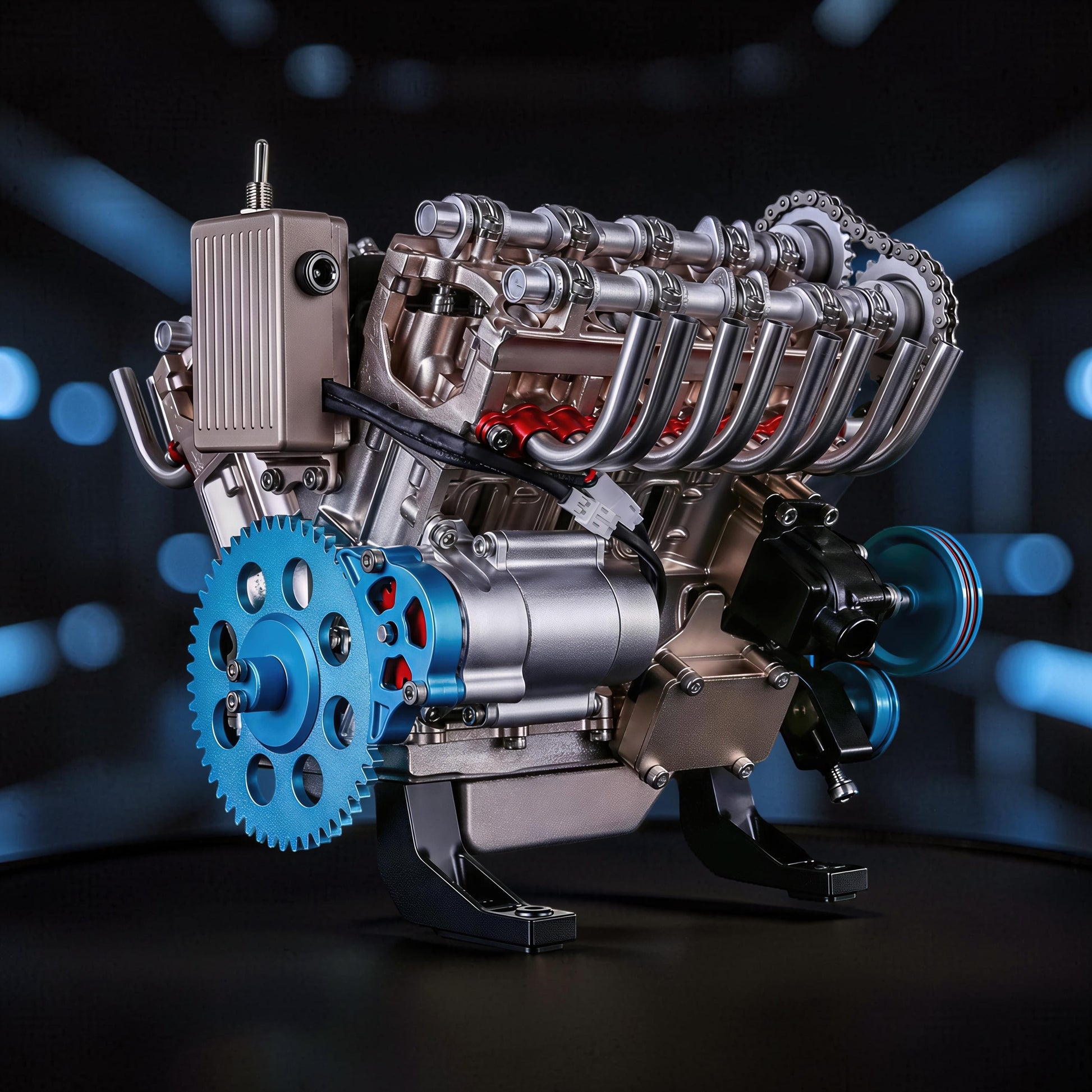 The Curious Mind V8 car engine DIY kit, a detailed metal mechanical model with silver, gold, and blue accents. Features realistic engine components and a large blue gear.