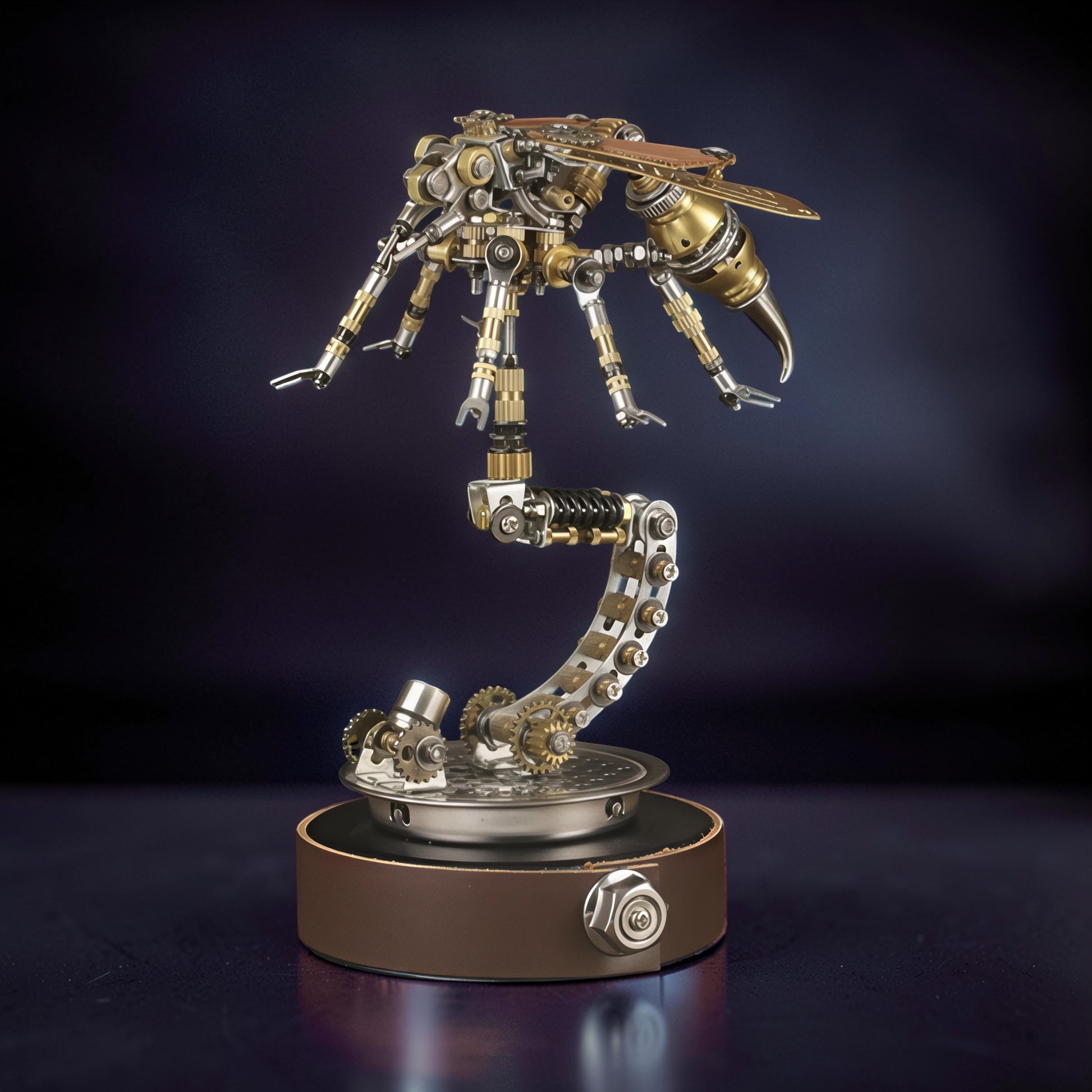 The Curious Mind Wasp 3D metal model kit, intricate steampunk mechanical insect with brass and silver details on a display stand.