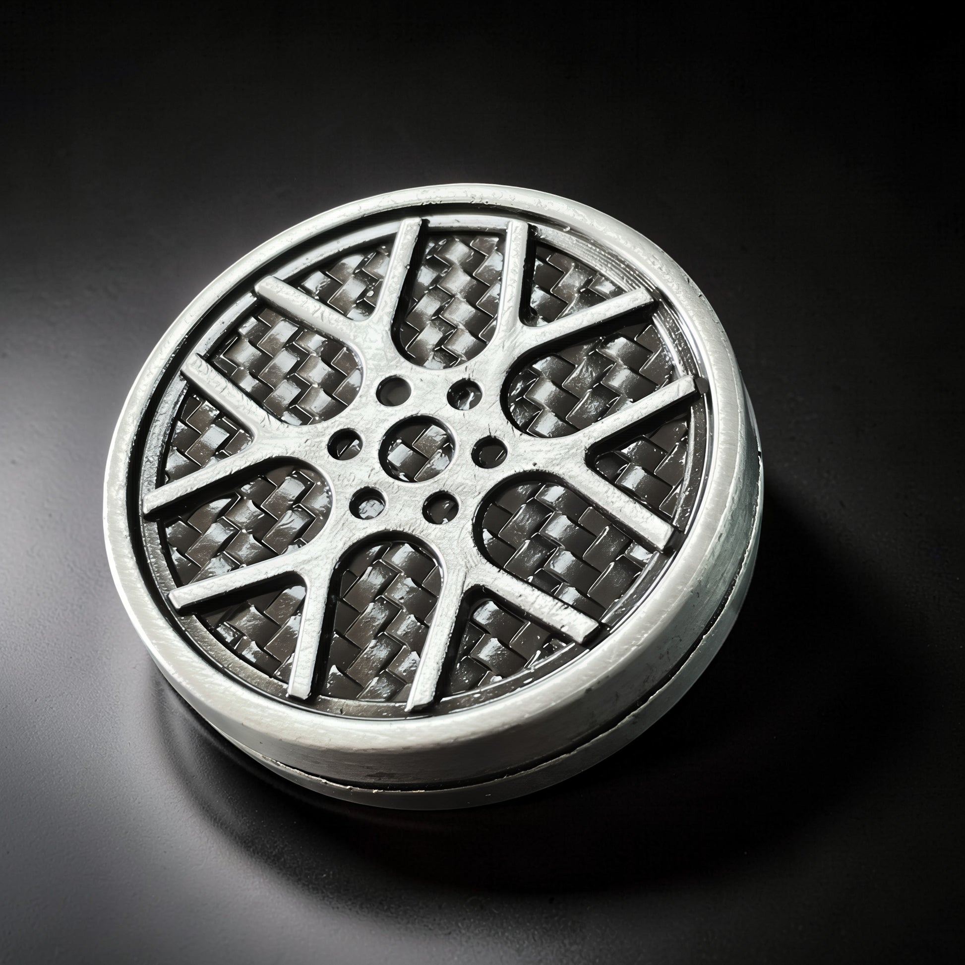 The Curious Mind Wheel Hub Coin Clicker fidget toy in silver metal with a carbon fiber pattern wheel design.