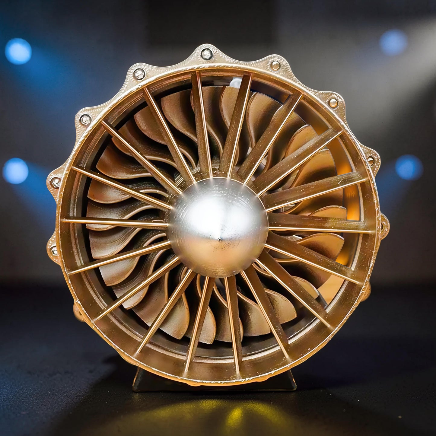 The Curious Mind WS-15 Fighter Turbofan DIY Kit, a detailed gold and silver model with intricate fan blades and a central sphere.