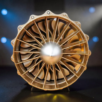 The Curious Mind WS-15 Fighter Turbofan DIY Kit, a detailed gold and silver model with intricate fan blades and a central sphere.